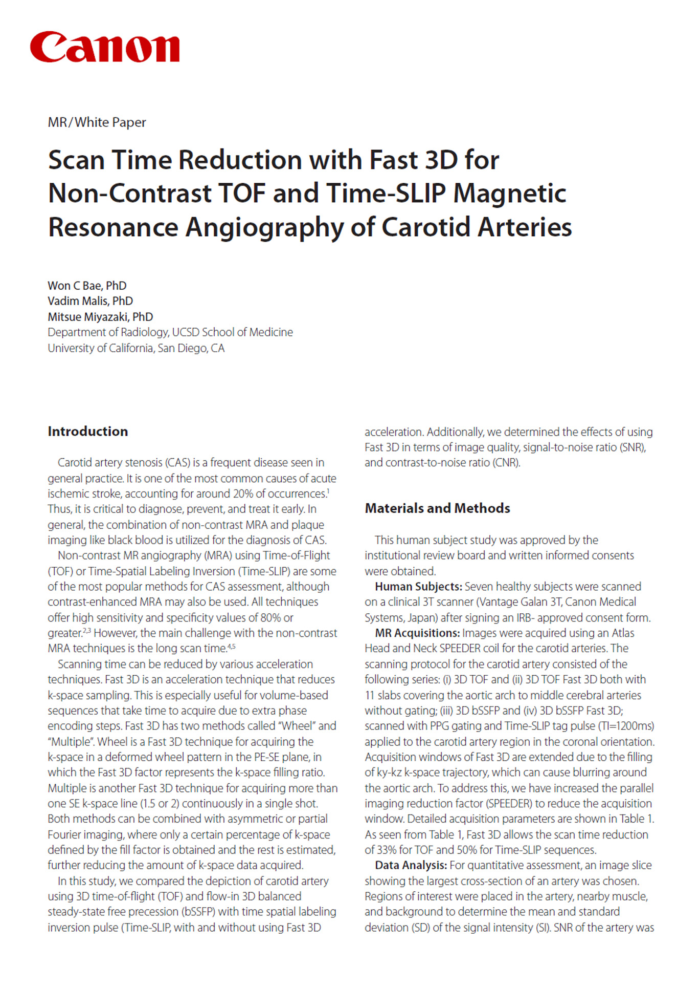 Scan Time Reduction with Fast 3D for Non-Contrast TOF and Time-SLIP Magnetic Resonance Angiography of Carotid Arteries