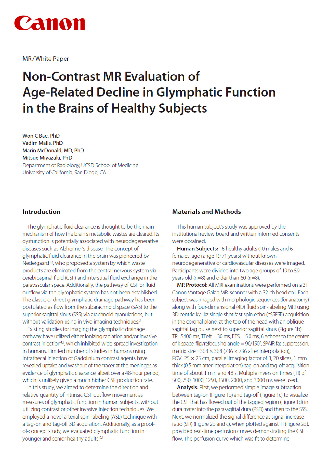 Non-Contrast MR Evaluation of Age-Related Decline in Glymphatic Function in the Brains of Healthy Subjects